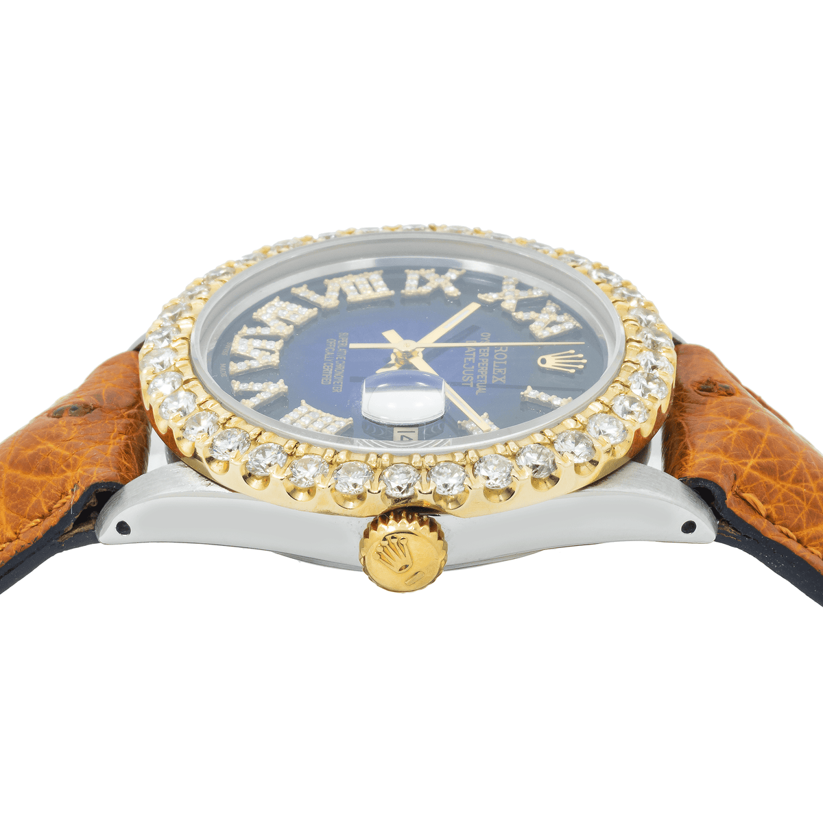 Pre-Owned Rolex Datejust 36MM 16013 Blue Roman Diamond Dial Diamond Bezel Brown Leather Strap