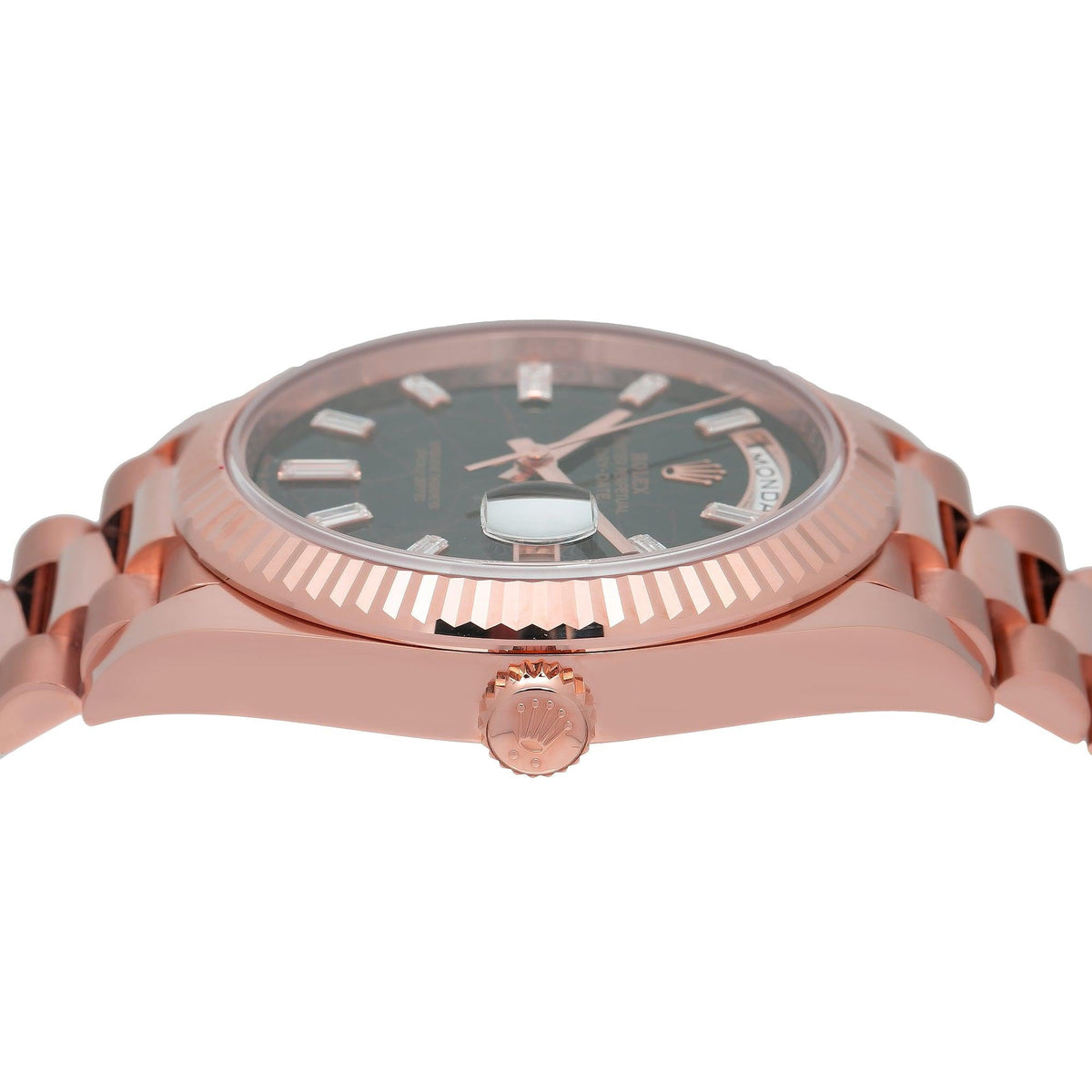 Pre-Owned Rolex Day-Date 40MM 228235 Black Baguette Diamond Dial Fluted Bezel 18K Rose Gold President Bracelet