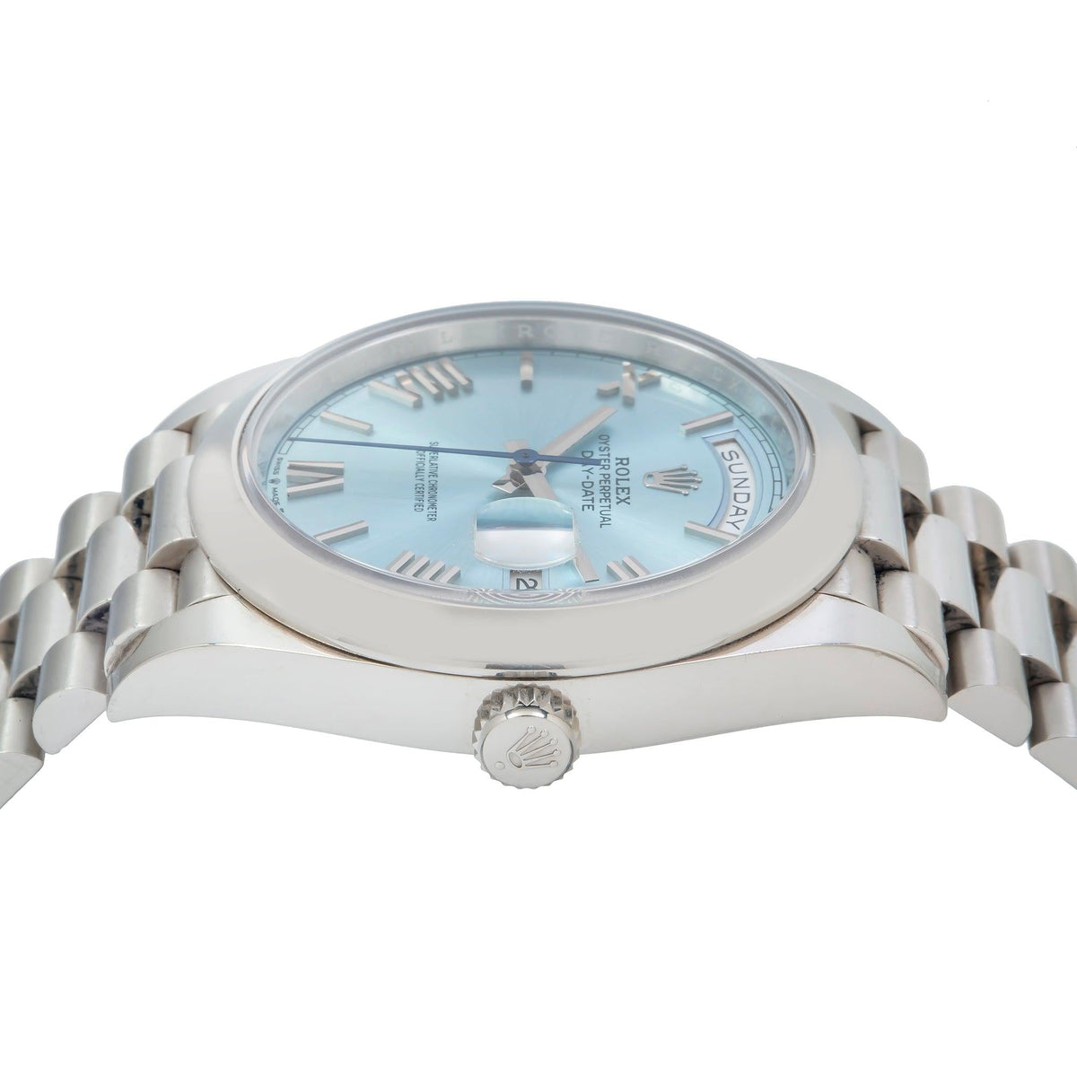 Pre-Owned Rolex Day-Date 40MM 228206 Ice Blue Roman Dial Platinum Smooth Bezel Platinum President Bracelet