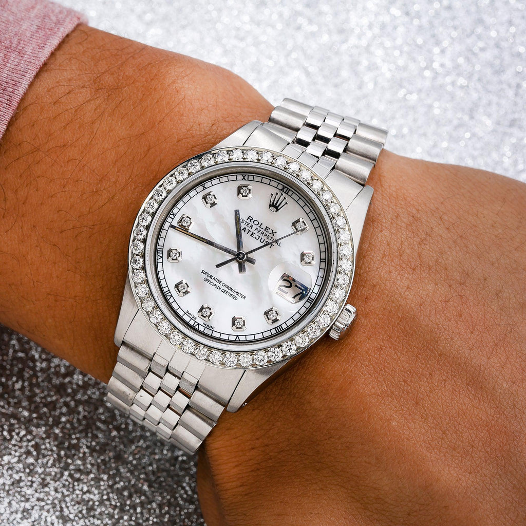 Pre-Owned Rolex Datejust 36MM 1601 White Mother of Pearl Diamond Dial Diamond Bezel Stainless Steel Jubilee Bracelet 1.25ct