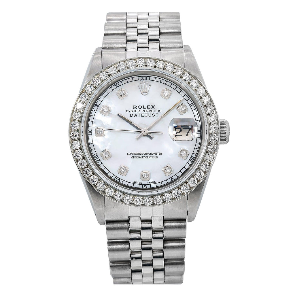 Pre-Owned Rolex Datejust 36MM 1601 White Mother of Pearl Diamond Dial Diamond Bezel Stainless Steel Jubilee Bracelet 1.25ct