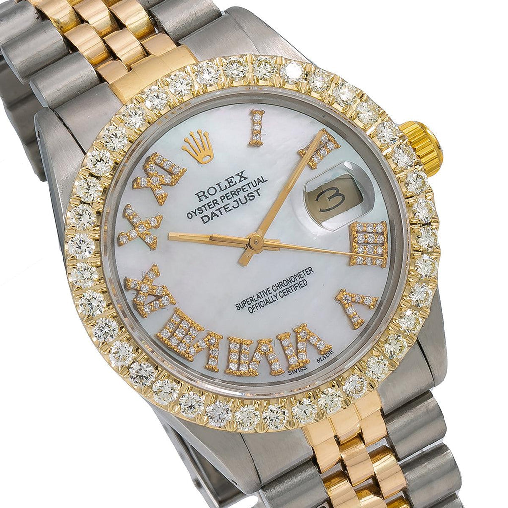 Pre-Owned Rolex Datejust 36MM 16013 Mother of Pearl Roman Diamond Dial Diamond Bezel Two Tone Yellow Gold Jubilee Bracelet 3.75ct