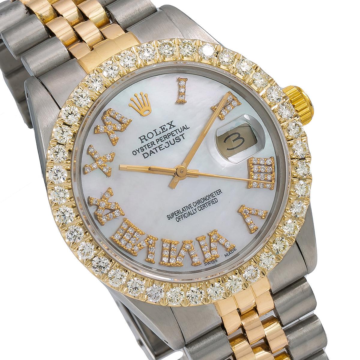 Pre-Owned Rolex Datejust 36MM 16013 Mother of Pearl Roman Diamond Dial Diamond Bezel Two Tone Yellow Gold Jubilee Bracelet 3.75ct
