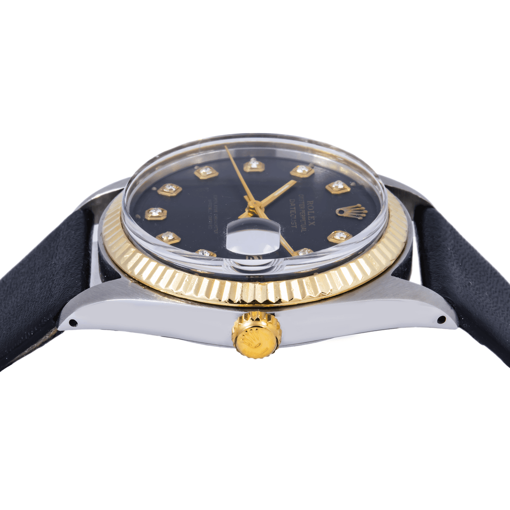 Pre-Owned Rolex Datejust 36MM 1601 Black Diamond Dial Fluted Bezel Black Leather Strap