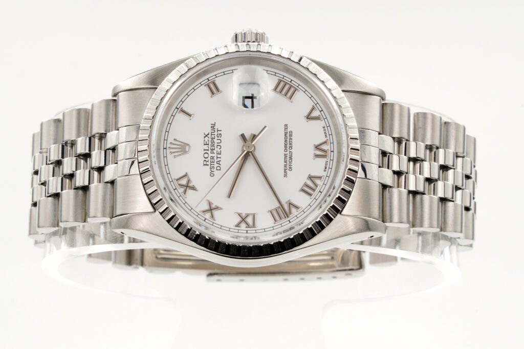 Pre-Owned Mens Rolex Stainless Steel Datejust Watch with White Roman Dial 16220