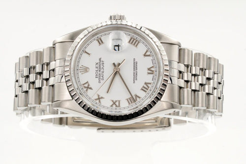 Pre-Owned Mens Rolex Stainless Steel Datejust Watch with White Roman Dial 16220